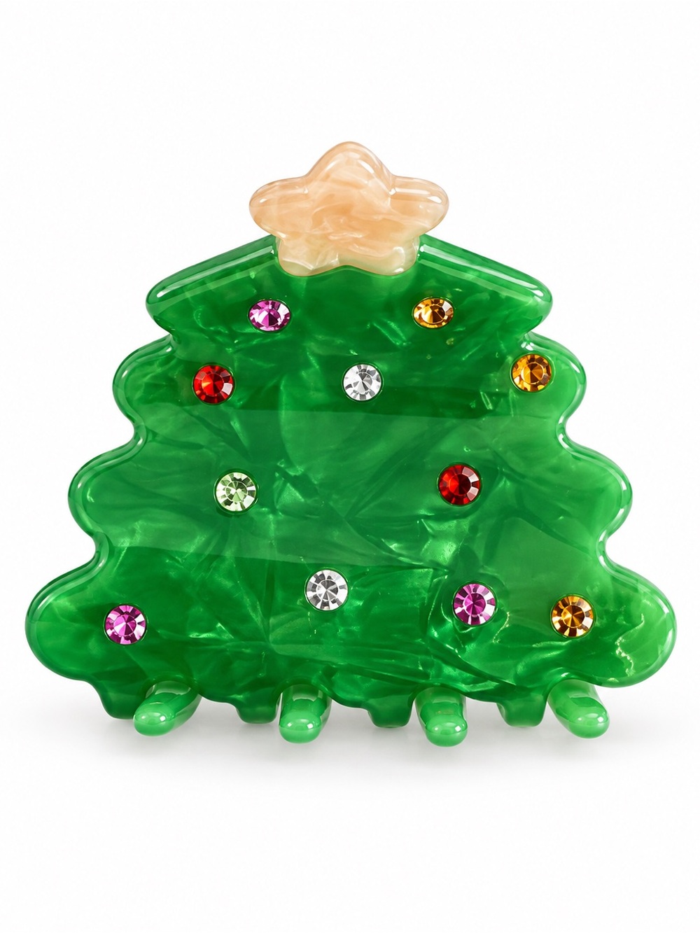 Christmas Tree Ornament Green Multicolor Rhinestone Small 2" Lobster Claw Clip